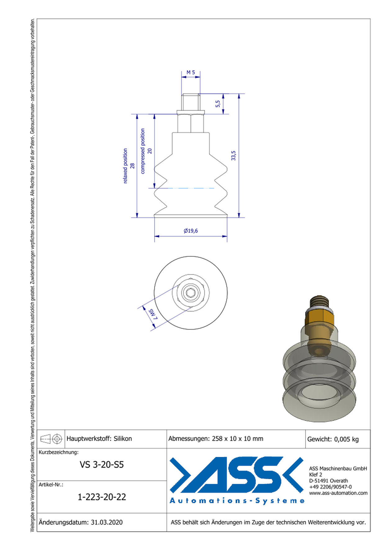 VS 3-20-S5 Vacuum Cup, 3 Bellows