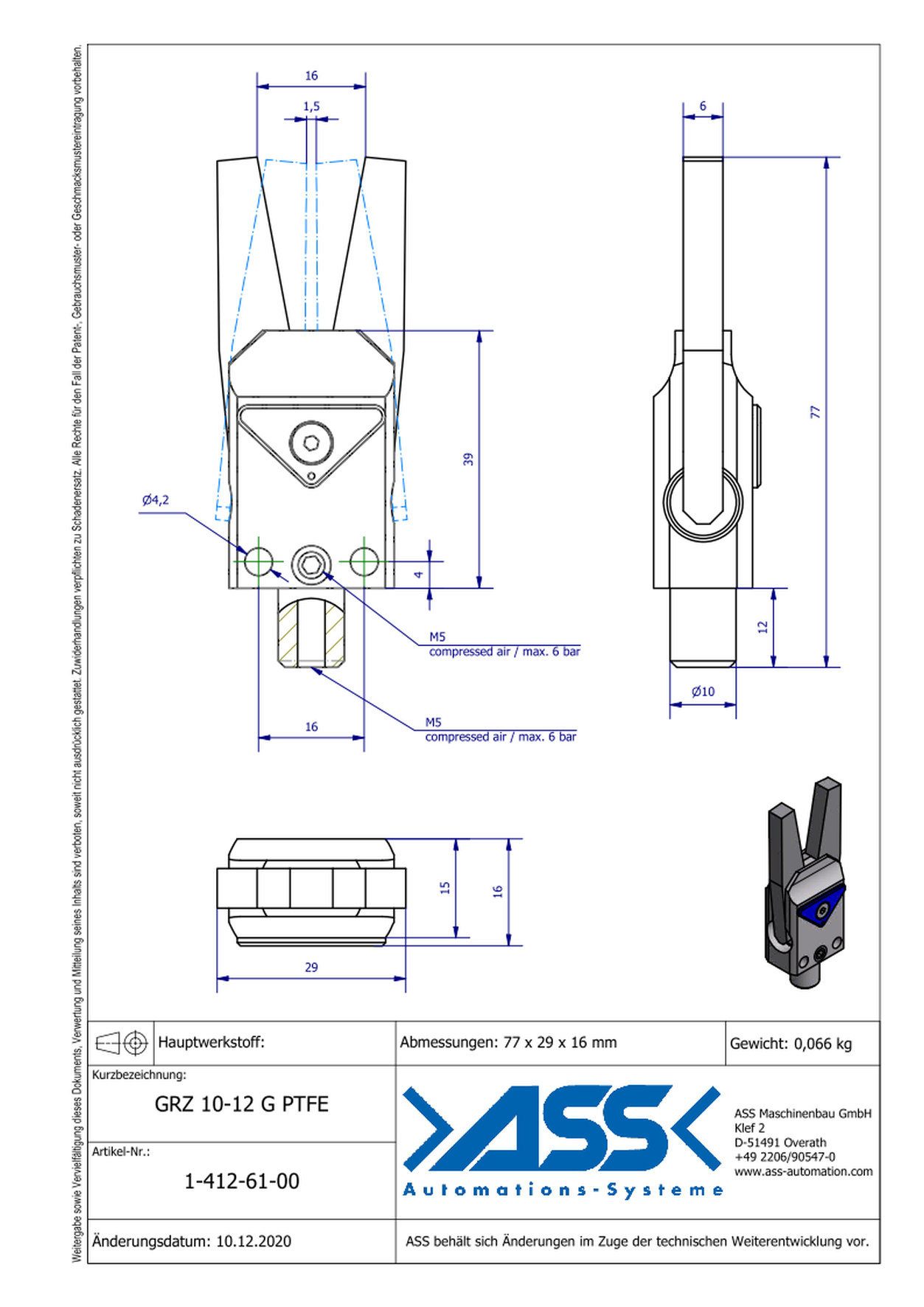 GRZ 10-12 G PTFE Gripper, Jaw Type: both sides Smooth, PTFE Coating