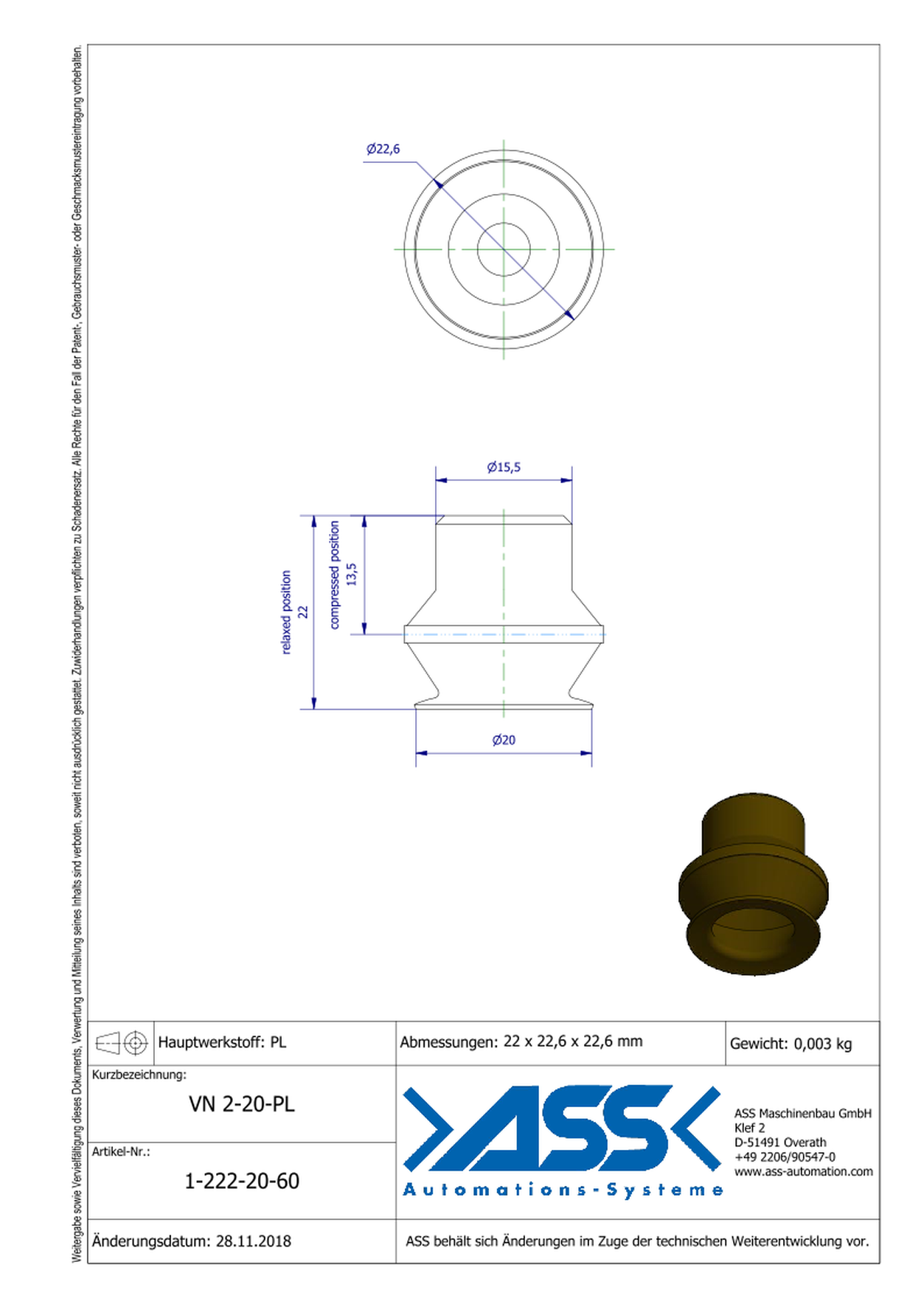 VN 2-20-PL Suction Cup, 2 Bellows