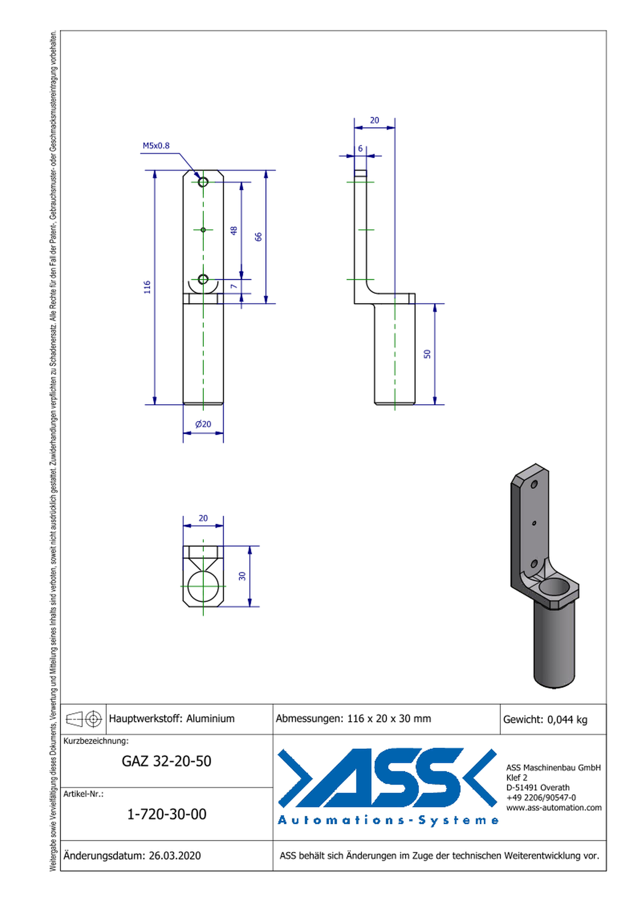 GAZ 32-20-50 Gripper Arm for Short Stroke Cylinder 