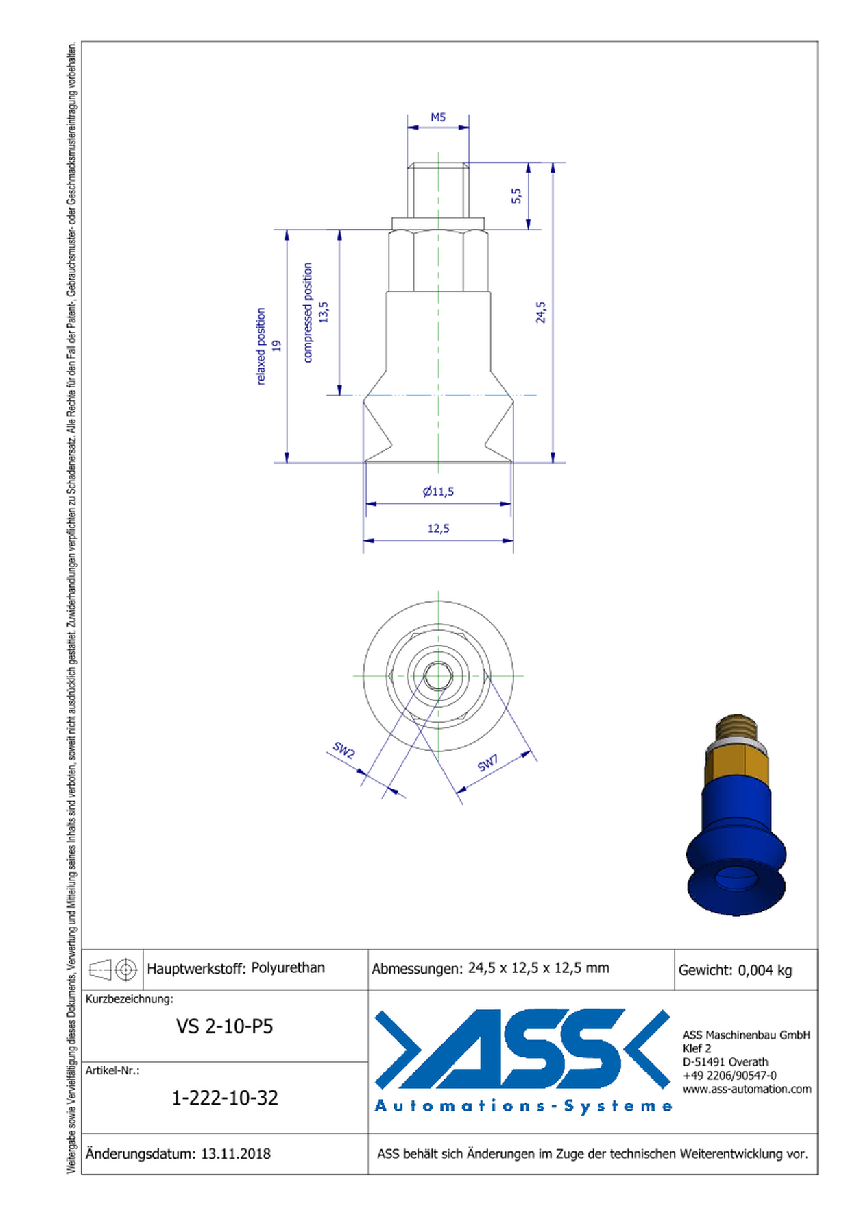 VS 2-10-P5 Vacuum Cup, 2 Bellows