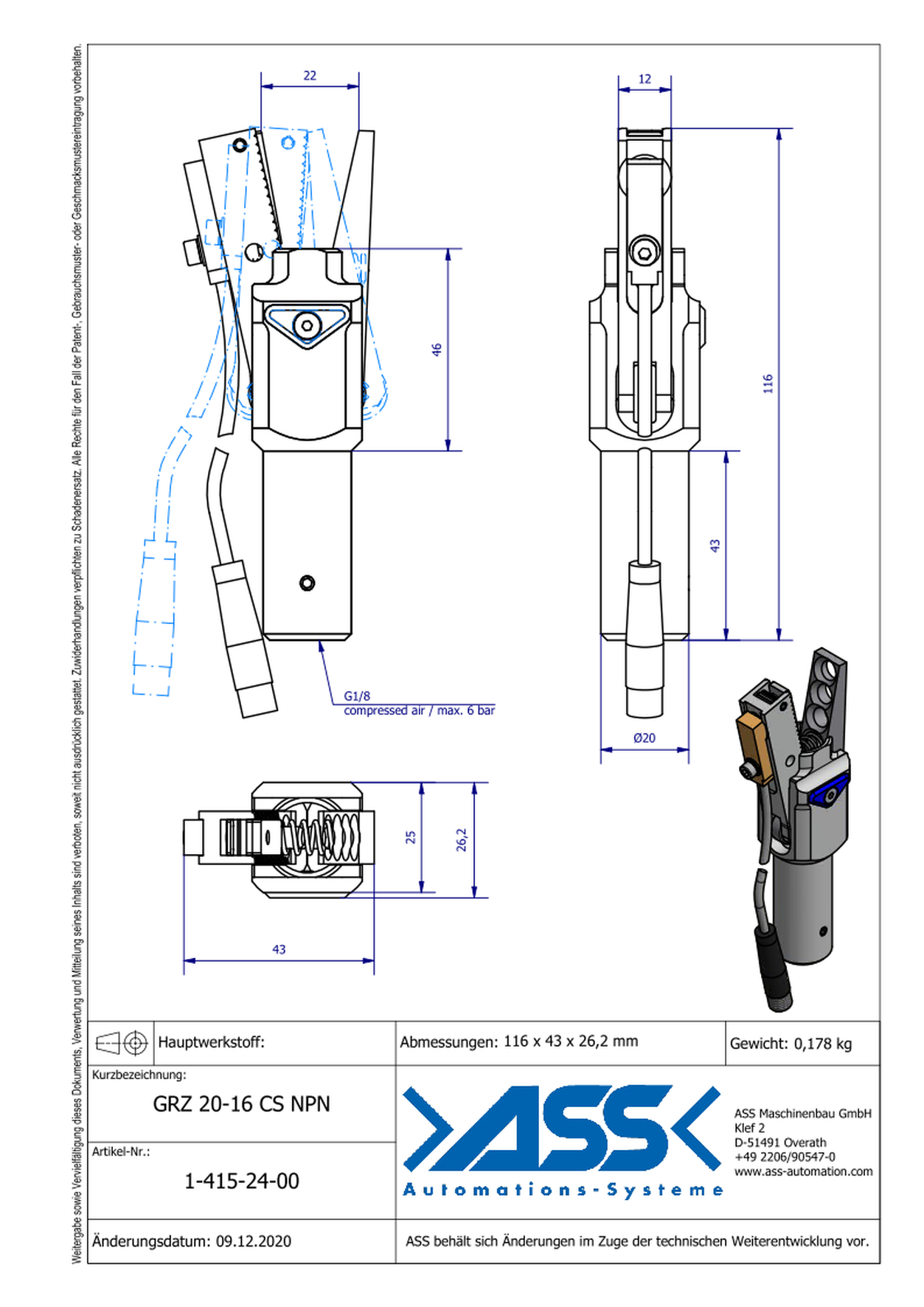 GRZ 20-16 CS NPN Gripper with Jaw Type: with holes / Sensor NPN