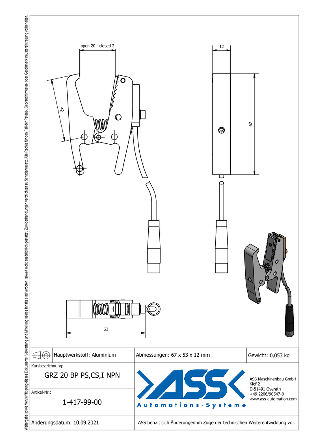 GRZ 20 Gripper Jaws PS,CS,I NPN Jaw Type: Parrot Contour / Sensor NPN